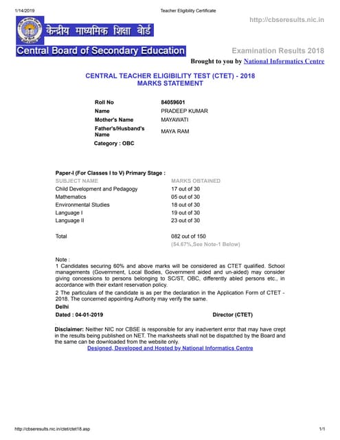 Teacher eligibility certificate ctet (1) PDF Teacher eligibility certificate ctet (1) PDF