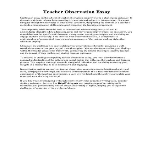 Teacher Observation Essay.  English Classroom Observation Free Essay Sample o...