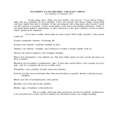 Teacher's class record a reality check