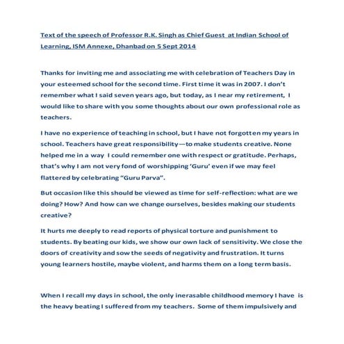 Text of the speech of Professor R.K. Singh as Chief Guest 