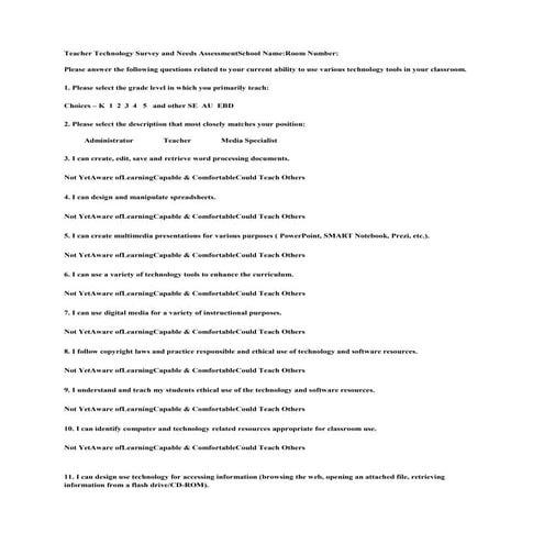 Teacher technology survey and needs assessment            school name