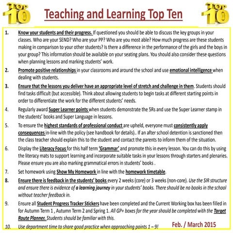 Teaching and learning top ten   feb march 2015