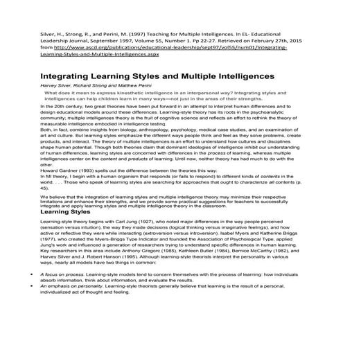 Teaching for multiple intelligences