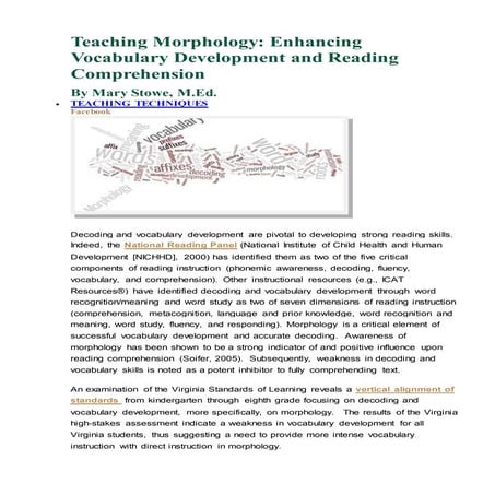 Teaching morphology enhancing vocabulary development and reading comprehension