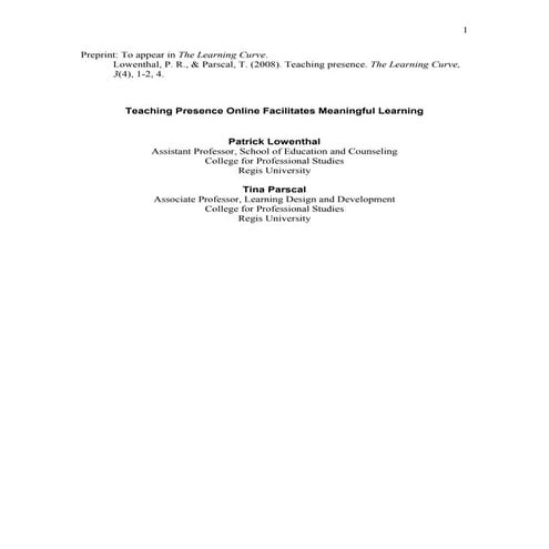 Teaching Presence Facilitates Learning