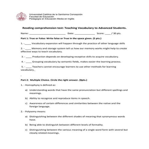 Teaching vocabulary test