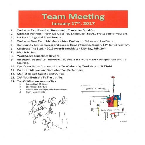 Tuesday Team Meeting Notes - January 17th, 2017 