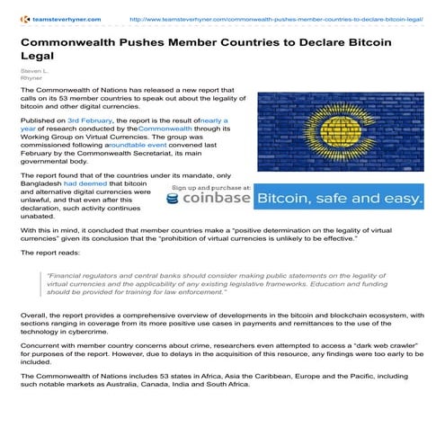 COMMONWEALTH PUSHES MEMBER COUNTRIES TO DECLARE BITCOIN LEGAL