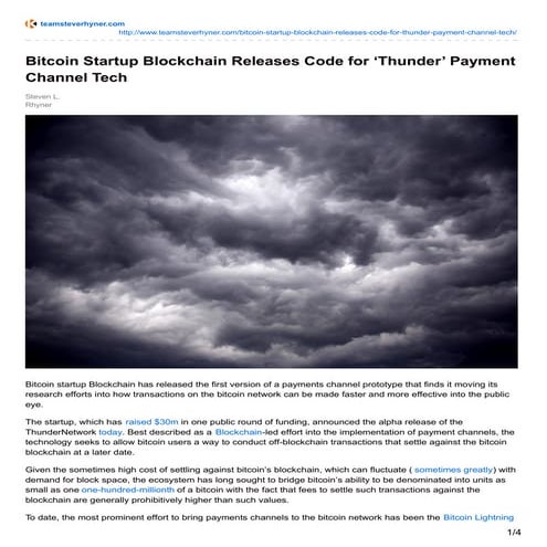 BITCOIN STARTUP BLOCKCHAIN RELEASES CODE FOR ‘THUNDER’ PAYMENT CHANNEL TECH