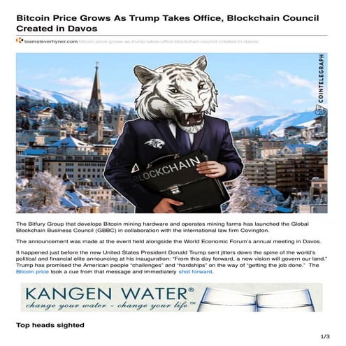 BITCOIN PRICE GROWS AS TRUMP TAKES OFFICE, BLOCKCHAIN COUNCIL CREATED IN DAVOS