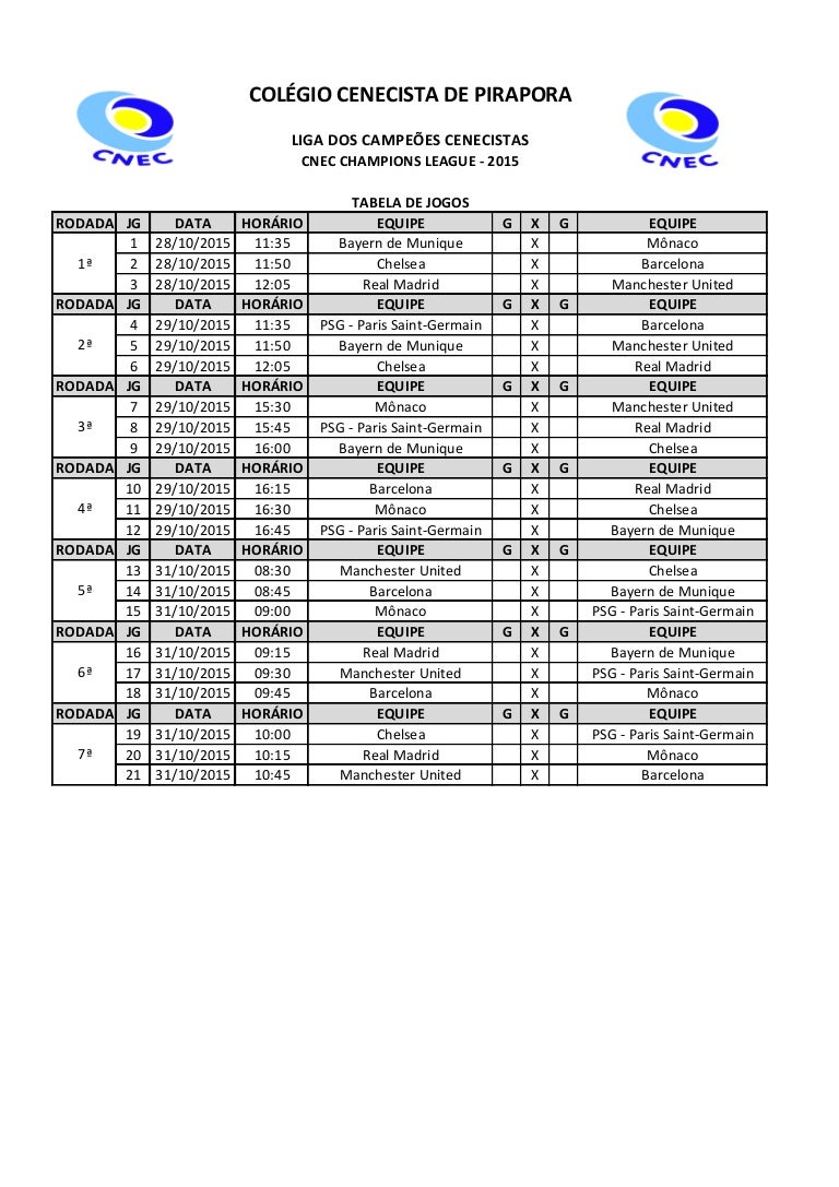 Tebela De Jogos Champions 2015