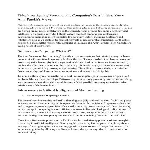 Investigating Neuromorphic Computing's Possibilities: Know Amir Parekh’s Views