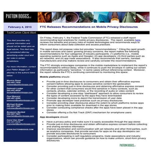 FTC Releases Recommendations on Mobile Privacy Disclosures