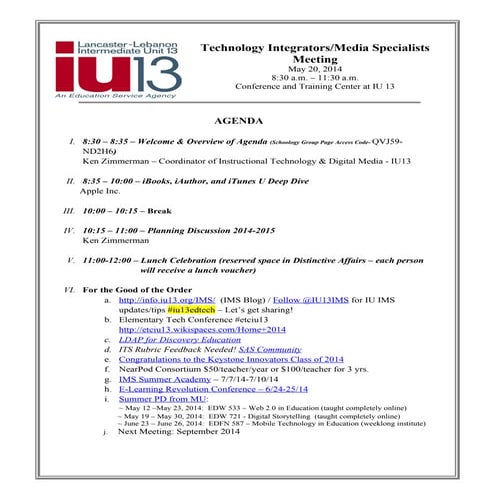 Tech Integrators Media Specialists Mtg Agenda 5-20-14