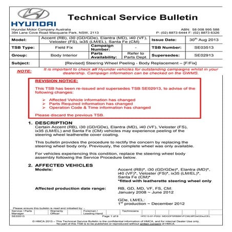 Tech'l service bulletin    steering wheel peeling (replacement)