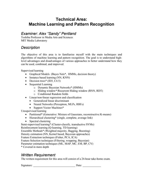 Technical Area: Machine Learning and Pattern Recognition