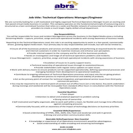Technical Operations Manager job from abrs