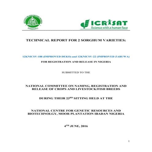 Technical report on two Sorghum varieties (12KNICSV-188 and 12KNICSV-22) deve...