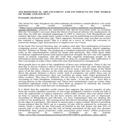 Technological advancement and its impacts on the world of work and society