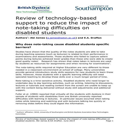Technology based note-taking strategies for disabled students, June 2014