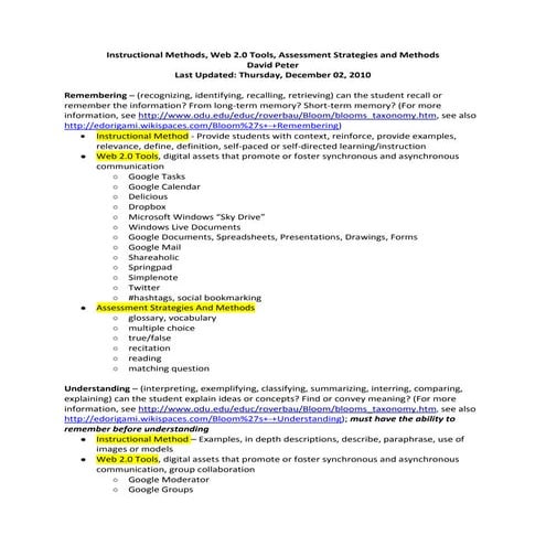 Instructional Methods, Web 2.0 Tools, Assessment Strategies and Methods