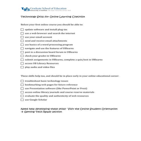 Technology skills for online learning checklist