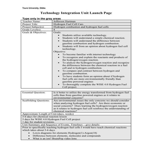 Tech Unit Template Hydrogen Fuel Cells