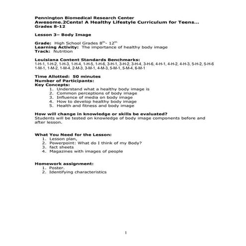 Teen curriculum body image Unit 3