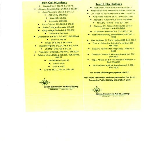 Teen mental health library call numbers and phone numbers | PDF