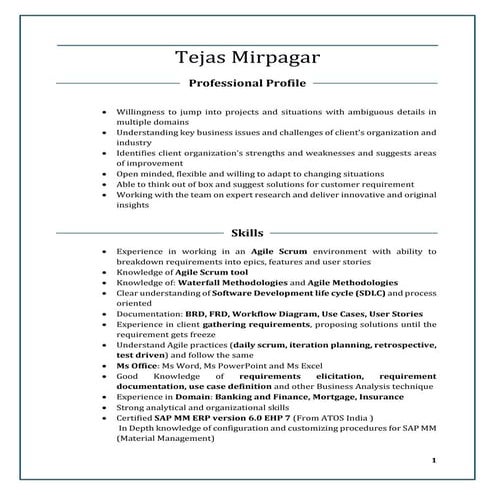 Tejas Mirpagar Business Analyst Resume
