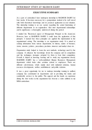 MADHUR DAIRY GANDHINAGAR. SUMMER INTERNSHIP REPORT