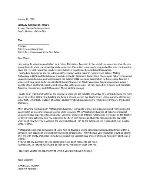 TEJERO ELEMENTARY SCHOOL APPLICATION LETTER