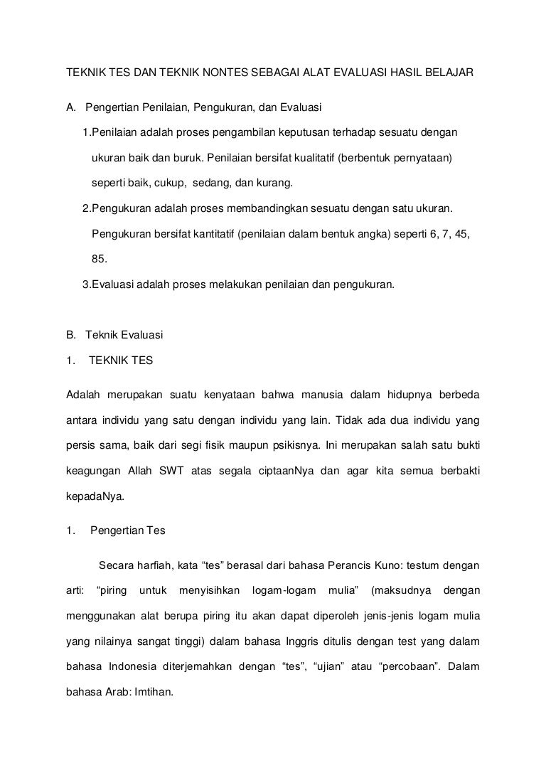 Teknik Tes Dan Teknik Nontes Sebagai Alat Evaluasi Hasil Belajar
