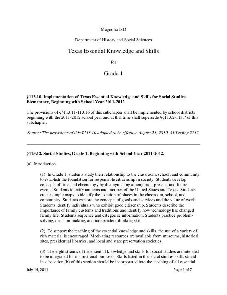 TEKS FIRST GRADE 2011 2012