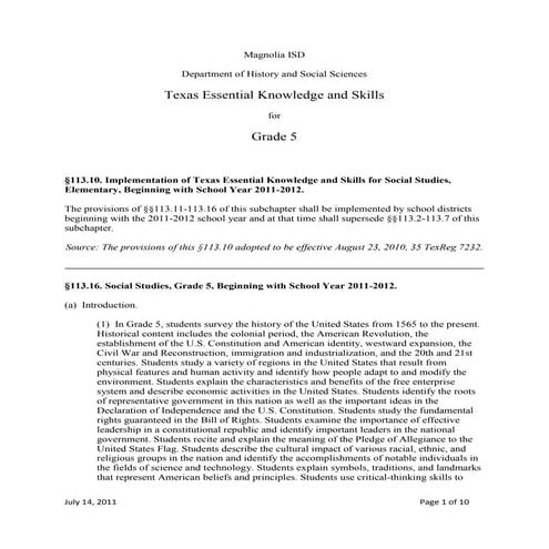 TEKS FIFTH GRADE 2011 2012 | PDF