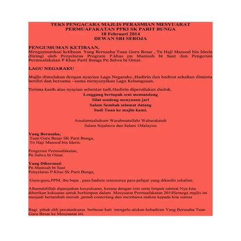Teks pengacara majlis perasmian mesyuarat permuafakatan ppki sk parit bunga