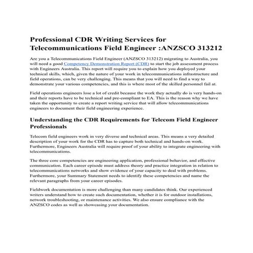 CDR Writing Services for Telecommunications Field Engineer :ANZSCO ...