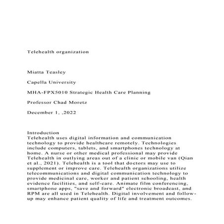 Telehealth organizationMiatta TeasleyCapella U.docx