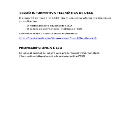 SESSIÓ INFORMATIVA TELEMÀTICA DE L’ESO