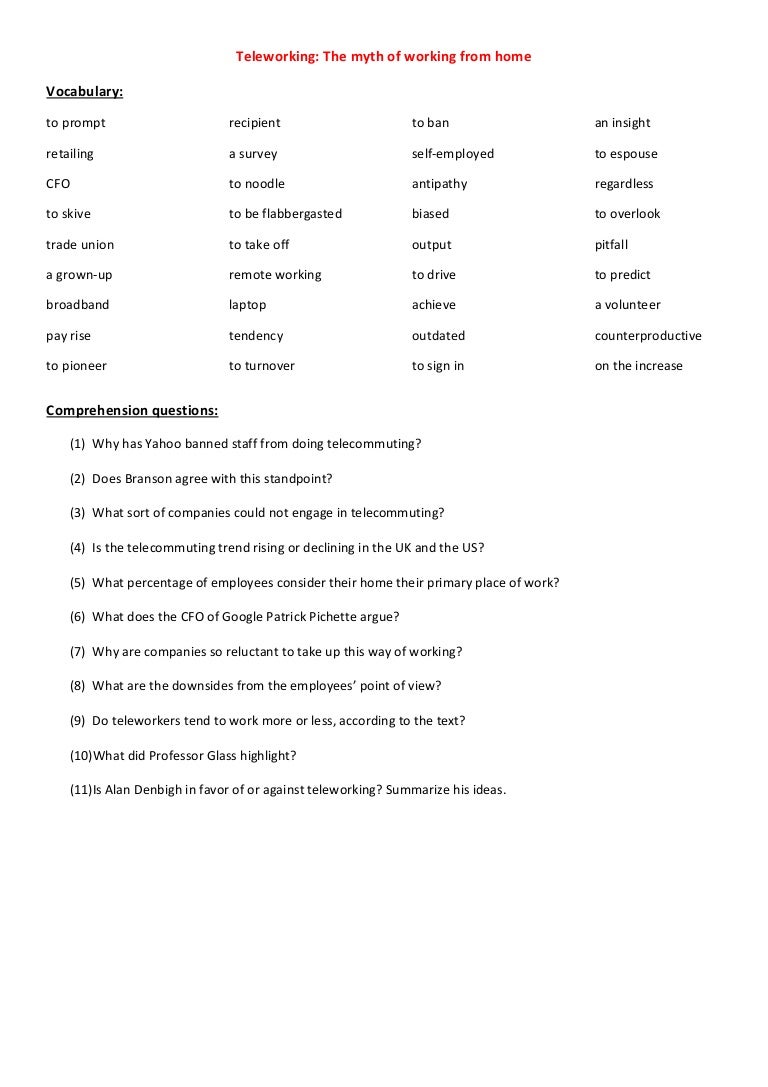 Teleworking Text Comprehension Questions - Teleworking Text Comprehension Questions