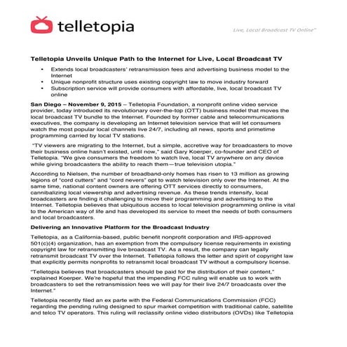 Telletopia Press Release Nov. 9 2015