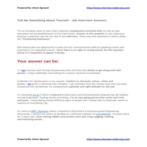 Tell Me Something About Yourself - Job Interview Answers.