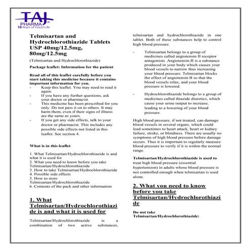 Telmisartan/HCTZ Tablets Taj Pharma PIL | PDF