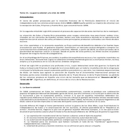 Tema 11: La guerra colonial y la crisis de 1898