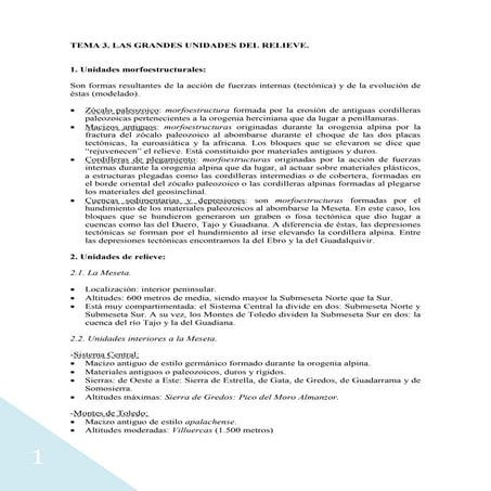 Tema 3 las grandes unidades del relieve. las meseta y sus unidades interiores...