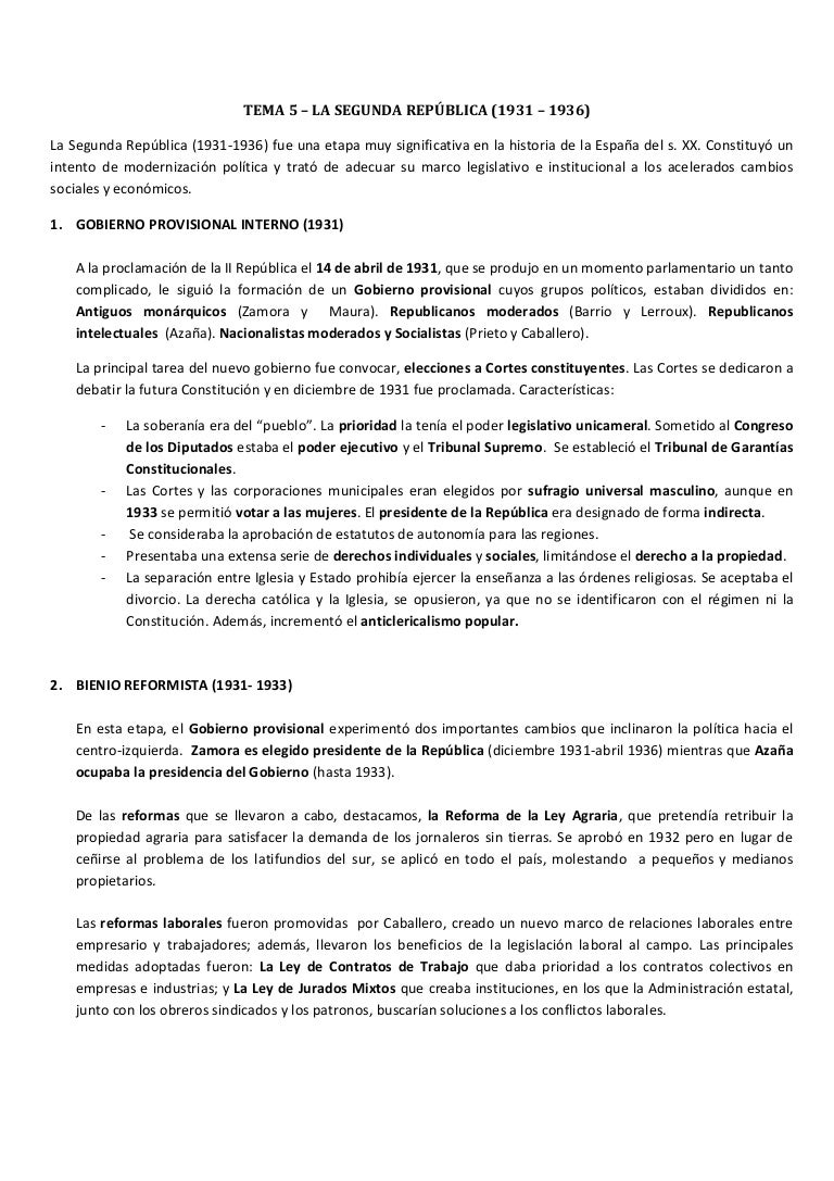 La Ii República Tema Historia Selectividad