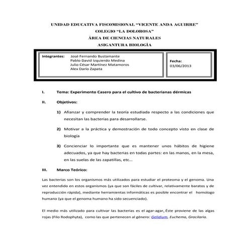 Tema experimento casero para el cultivo de bacterianas dérmicas