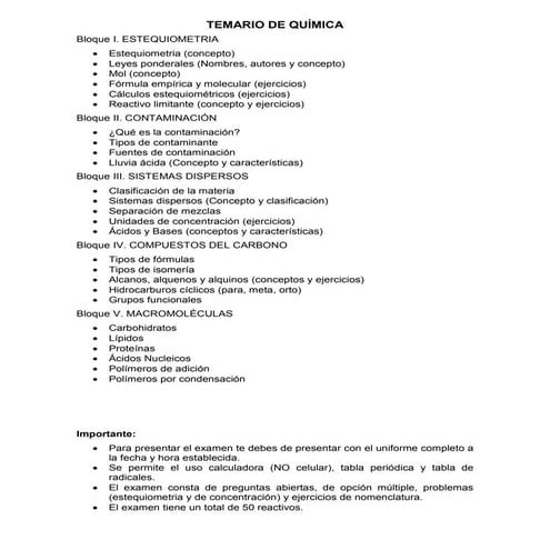 Temario de química para el semestral