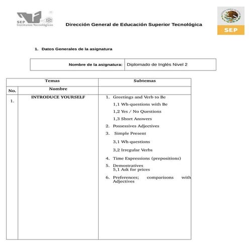 Temario ingles nivel2