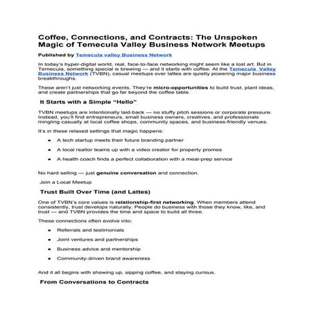 Coffee, Connections, and Contracts: The Unspoken Magic of Temecula Valley Business Network Meetups